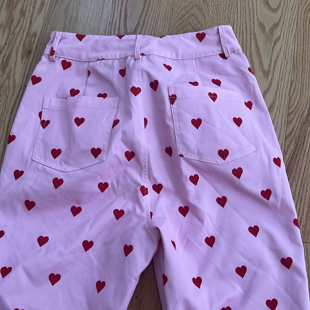 Cider small Pink Heart Pattern high rise Flared Pants. - Picture 11 of 12